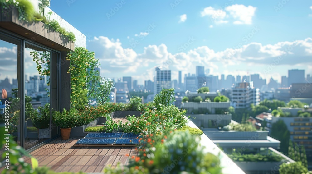 Modern Rooftop Garden with Solar Panels and City Skyline