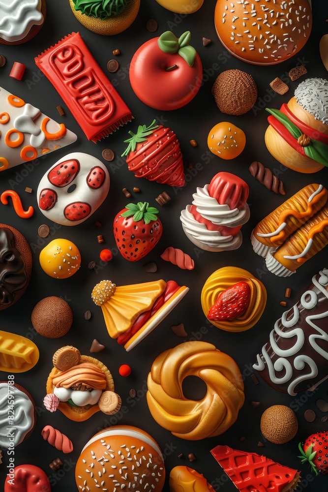 A colorful array of food items, including donuts, cakes, and sandwiches A colorful array of food items, including donuts, cakes, and sandwiches