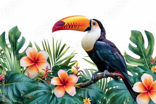 The bird is surrounded by a variety of flowers, including some orange ones