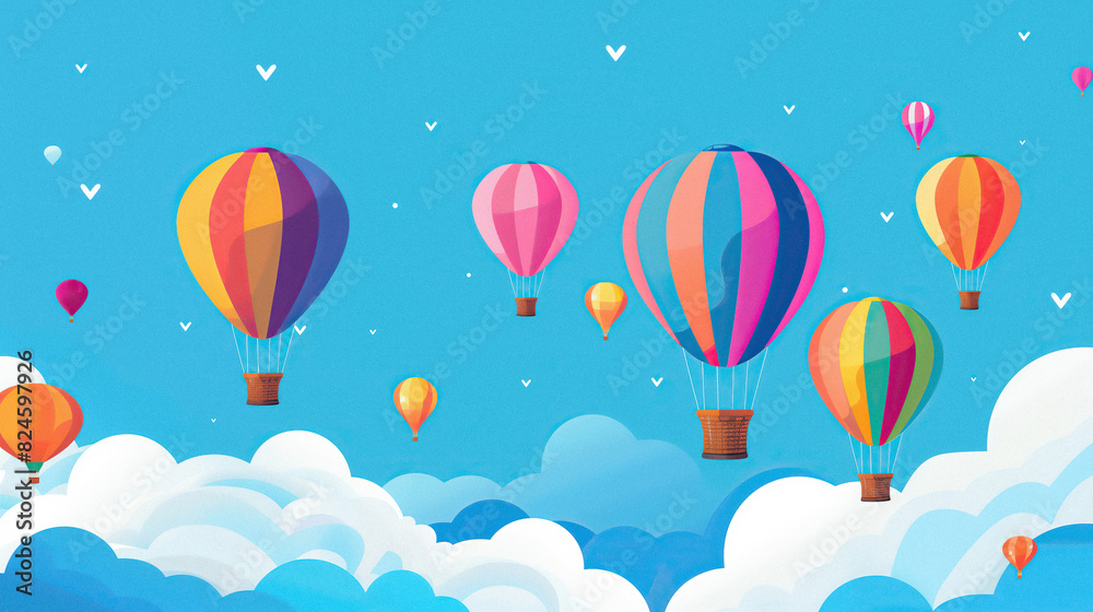 Colorful hot air balloons flying in the sky. Hot air balloon festival. 2D flat illustration. Space for text.