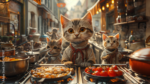 there are many cats that are standing in a kitchen © Spirited