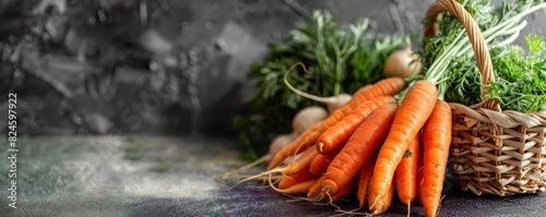 Carrots and basket with a cooking preparation theme side view highlighting ingredient quality digital tone Monochromatic Color Scheme photo