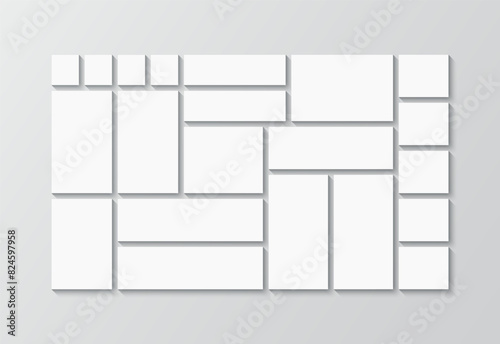 Mosaic scrapbook images. Photo collage template. Empty portfolio layout. Moodboard background. Square mood board. Album brandboard. Modern pictures frame. Gallery banner. Vector illustration