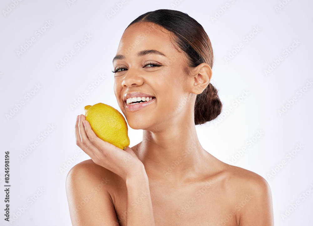 Woman, smile and lemon for skincare in studio on white background and satisfied with routine. Natural, beauty and happy on confidence with fruit for skin treatment, ingredient and glow on portrait Woman, smile and lemon for skincare in studio on white background and satisfied with routine. Natural, beauty and happy on confidence with fruit for skin treatment, ingredient and glow on portrait