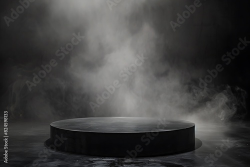 Dramatic Black Podium with Smoke and Spotlight