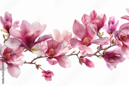 Magnolia Flowers Border. Pink Blossoms on Spring Branch