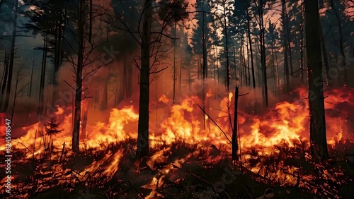 Intense flames and thick smoke engulf a dense forest  creating a dramatic and destructive scene of an out-of-control wildfire. 4K slow motion video