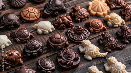 A whimsical assortment of chocolate statues with dark, white, and colorful carvings, including shaped foo dogs, turtles, and dragons, scattered on a wooden surface photo
