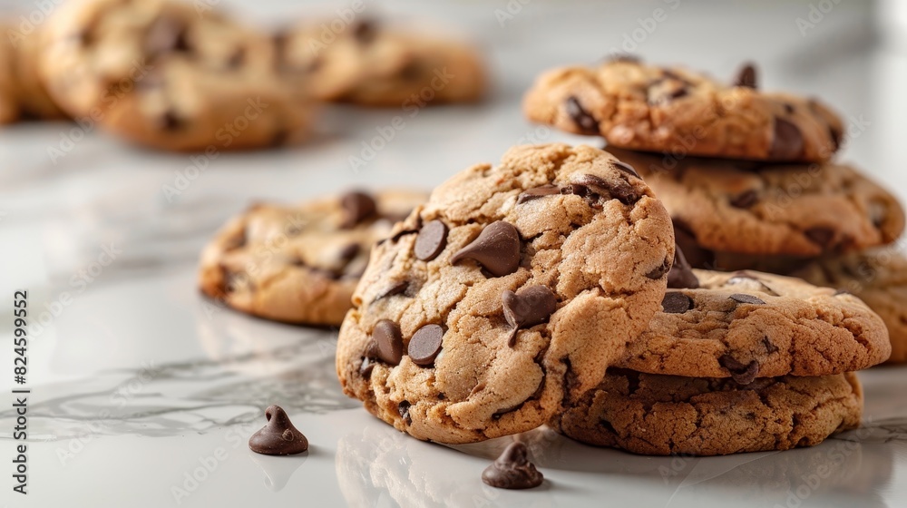 Fresh chocolate chip cookies in a delicious pile, on a glossy marble countertop, subtle shadows Fresh chocolate chip cookies in a delicious pile, on a glossy marble countertop, subtle shadows