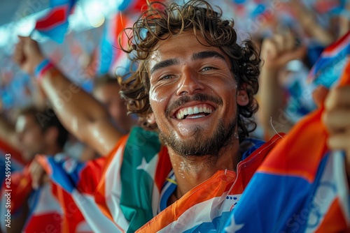 Olympic games Fan Reactions: Enthusiastic fans waving flags and cheering. 