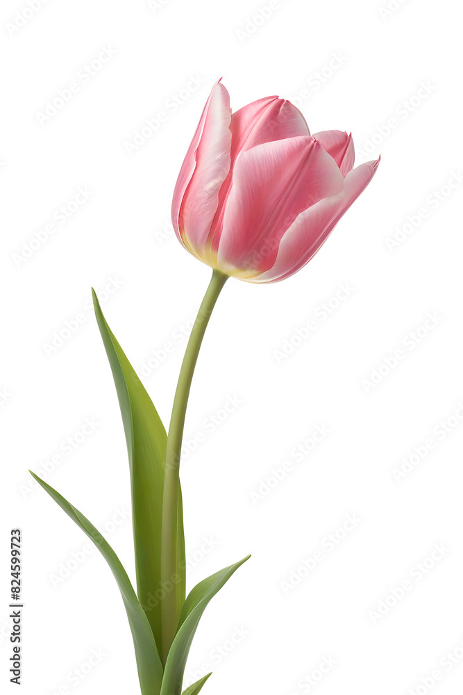 A pink tulip with green stem and leaves. A pink tulip with green stem and leaves.