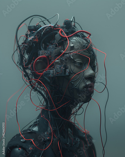 there is a woman with wires in her hair and a robot head photo