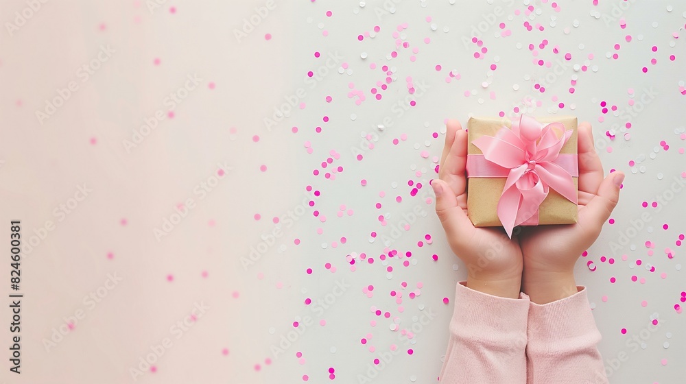 Child's Hands Holding Gift with Pink Ribbon and Confetti Background