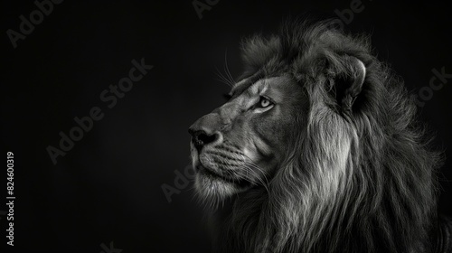 Black and White Portrait of a Majestic Lion with Intense Gaze on Black Background