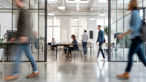 Modern Office Space with Team Members Walking and Collaborating