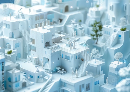 White City 3D Illustration with Blue Accents and Stairways