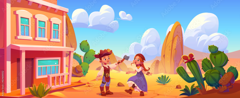 Kids dancing in wild west town. Vector cartoon illustration of western saloon building entrance, children in costumes standing in street, sandy desert background with exotic cacti, clouds in sunny sky