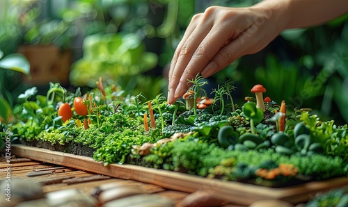 Woman s hands building a green miniature world with vegetables and wood for articulated wooden dolls. photo