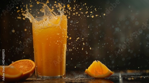 Freshly squeezed orange juice cascading into a glass, isolated background, studio lighting