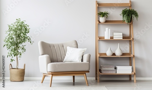 Wooden ladder shelf and white armchair interior design of modern living room