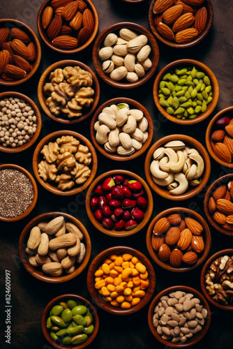 Variety of nuts in wooden bowls on table top.