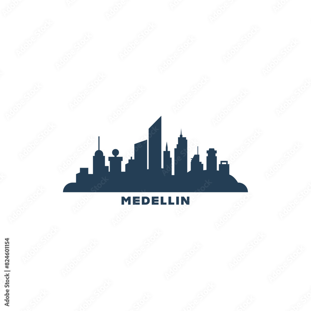 Medellin cityscape skyline city panorama vector flat modern logo icon. Colombia town emblem idea with landmarks and building silhouettes. Isolated black graphic
