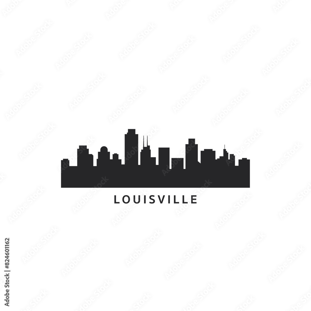 Naklejka premium Louisville USA city skyline and cityscape logo. Panorama, US Kentucky black state icon, abstract landmarks, skyscraper, buildings. United States of America isolated graphic, vector flat