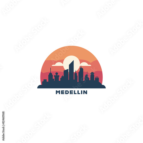 Medellin cityscape skyline city panorama vector flat modern logo icon at sunrise  sunset. Colombia town emblem idea with landmarks and building silhouettes. Isolated black graphic