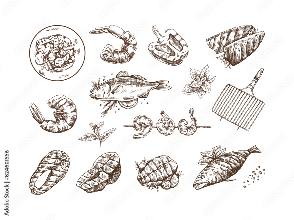 A set of hand-drawn sketches of barbecue fish and pieces of barbecue salmon steaks, shrimps, grilled pepper, barbecue. Doodle vintage illustration. Engraved image. A set of hand-drawn sketches of barbecue fish and pieces of barbecue salmon steaks, shrimps, grilled pepper, barbecue. Doodle vintage illustration. Engraved image.