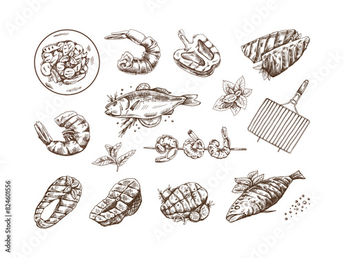 A set of hand-drawn sketches of barbecue fish and pieces of barbecue salmon steaks, shrimps, grilled pepper, barbecue. Doodle vintage illustration. Engraved image.