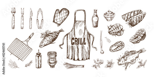 A set of hand-drawn monochrome sketches of barbecue and picnic elements, apron, barbecue grill, tools, grilled fish, fish steaks. For the design of menu of cafes. Doodle vintage illustration.