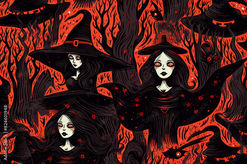 Group of witches with red eyes and black hair in forest. Group of witches with red eyes and black hair in forest.