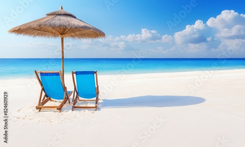 A two blue beach chairs are sitting on the sand next to an umbrella