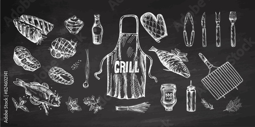 A set of hand-drawn monochrome sketches of barbecue and picnic elements, apron, barbecue grill, tools, grilled fish, fish steaks. For the design of menu. Vintage illustration.