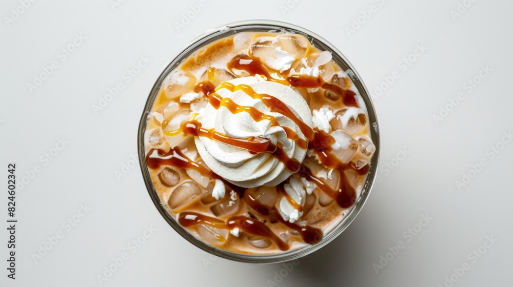 Flat top view of iced coffee with whipped cream and caramel drizzle, isolated background, studio lighting Flat top view of iced coffee with whipped cream and caramel drizzle, isolated background, studio lighting