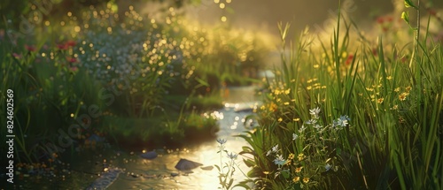 wildflowers sway gently in the breeze. A small stream meanders through the lush greenery  reflecting the golden hues of the setting sun