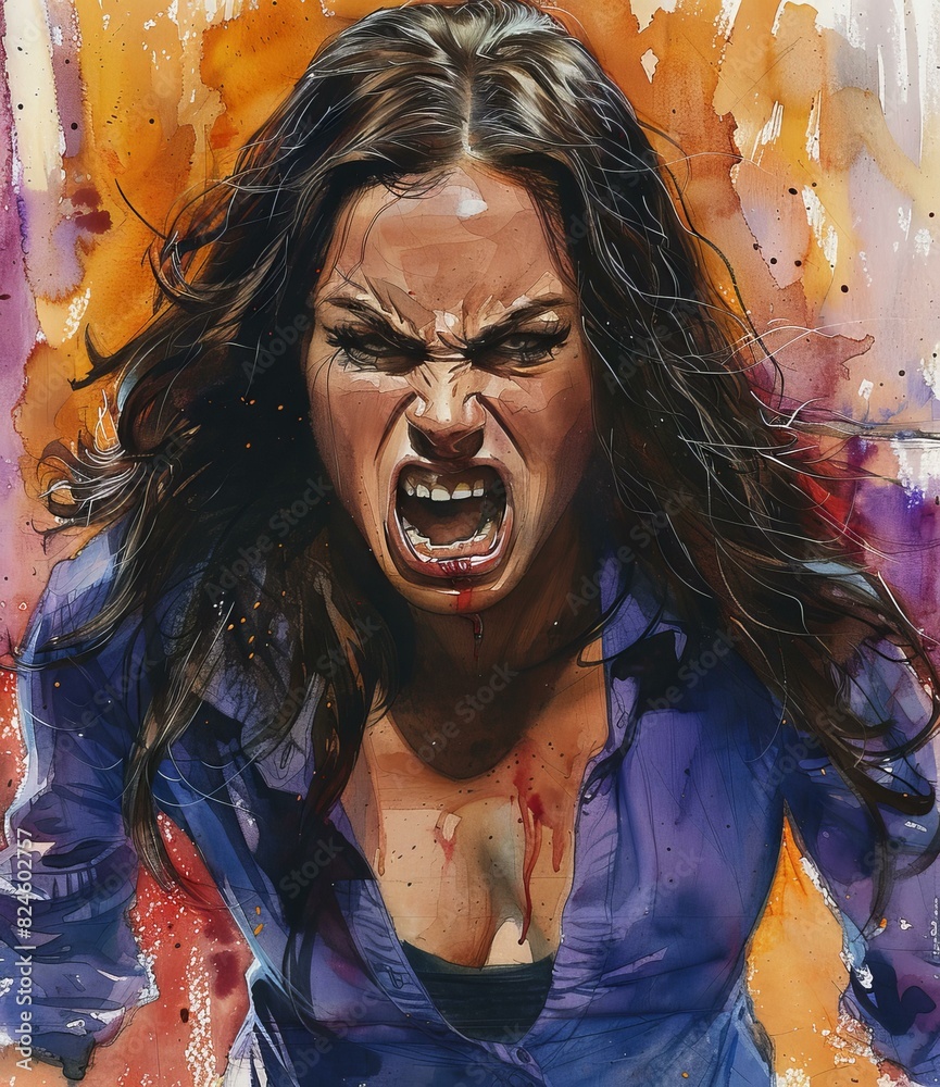 Woman with Long Brown Hair Screaming and Covered in Blood Watercolor Painting