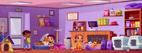 Pet shop interior. Vector cartoon illustration of happy children playing with cats and dog, taking care of adopted friends, animal food boxes and cans, toys on shelves, computer on cash register desk