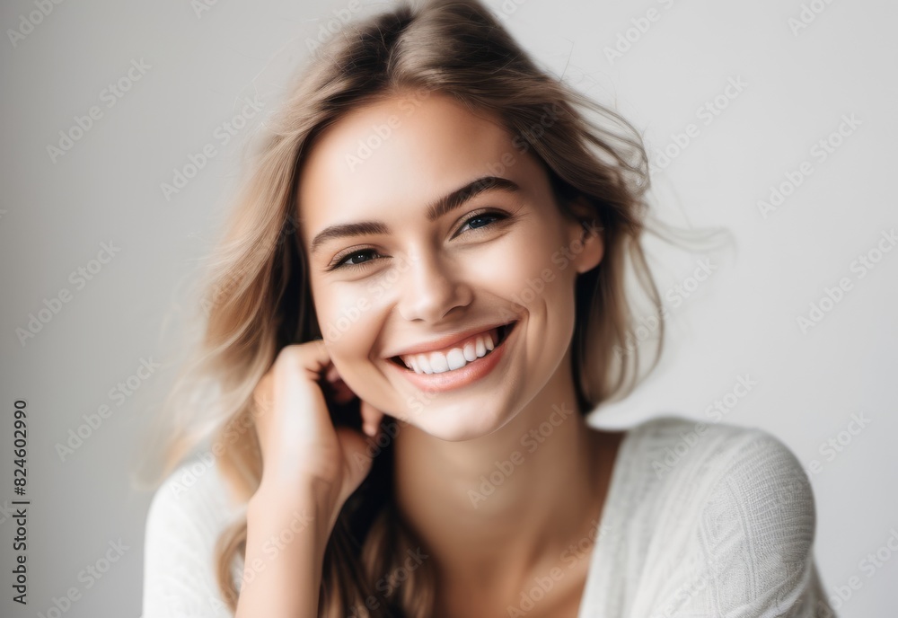 A woman with a clear face and a smile A woman with a clear face and a smile