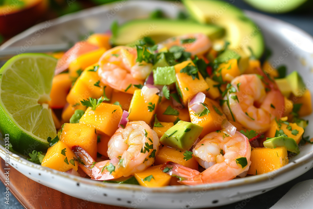 shrimp and mango salad with avocado and lime in a bowl