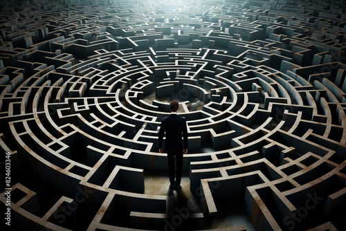 Man standing in maze in the middle of room.