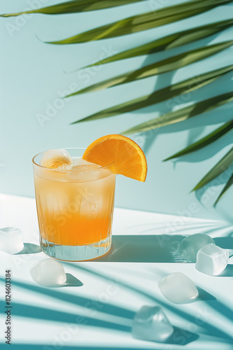 Chilled Drink with Orange and Ice in Old Fashioned Glass: Tropical Vibes with Palm Trees in the Background