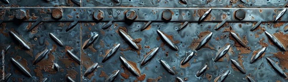 Fototapeta premium Blue metal diamond plate with rivets.