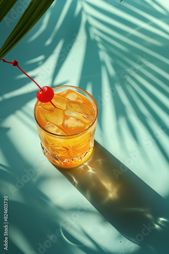 Chilled Drink with Orange and Ice in Old Fashioned Glass: Tropical Vibes with Palm Trees in the Background