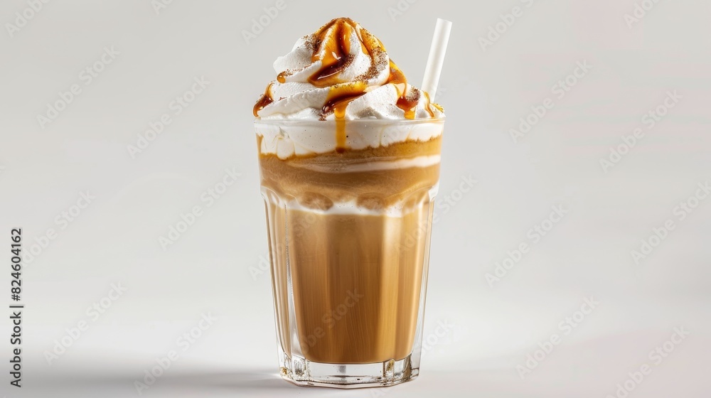 Elegant glass of iced coffee with fluffy whipped cream and caramel sauce, isolated, studio lighting Elegant glass of iced coffee with fluffy whipped cream and caramel sauce, isolated, studio lighting