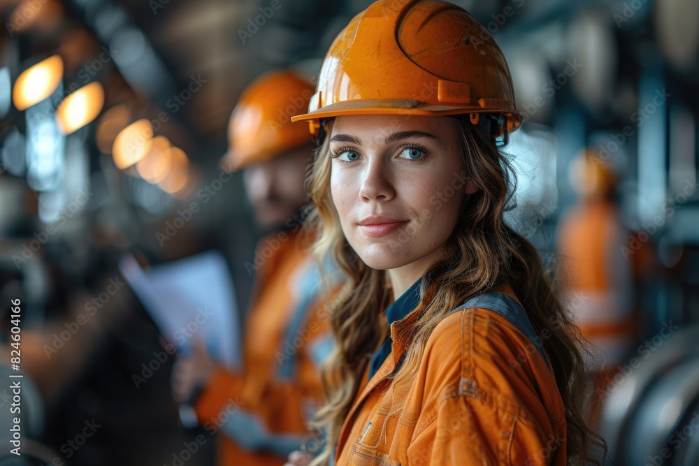 Engineers wearing safety helmets are working on their posts Engineers wearing safety helmets are working on their posts