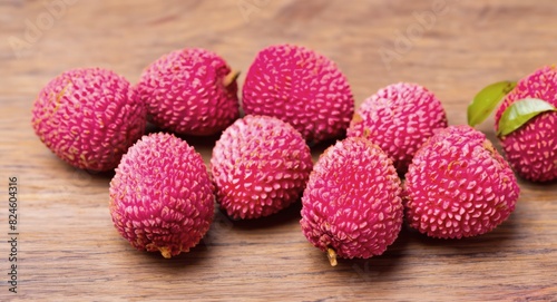 closeup of lychee on wooden background, ripe lychee
