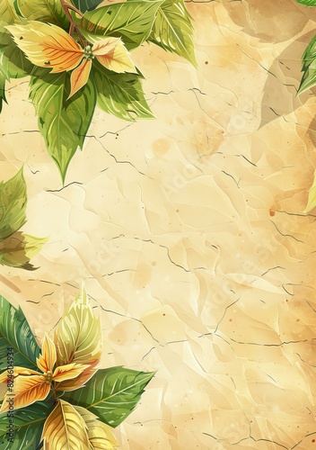 Green leaves and yellow flowers on a beige background