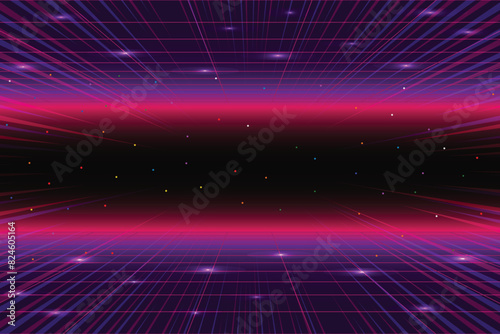 Retro Futurism Sci-Fi Background. glowing neon grid. and stars from vintage arcade computer games