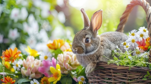 Rabbit on a background of flowers in the garden. Easter concept.